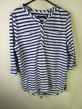 Chico’s striped Blue and White V-neck Henley ultimate tee  3/4 sleeve M